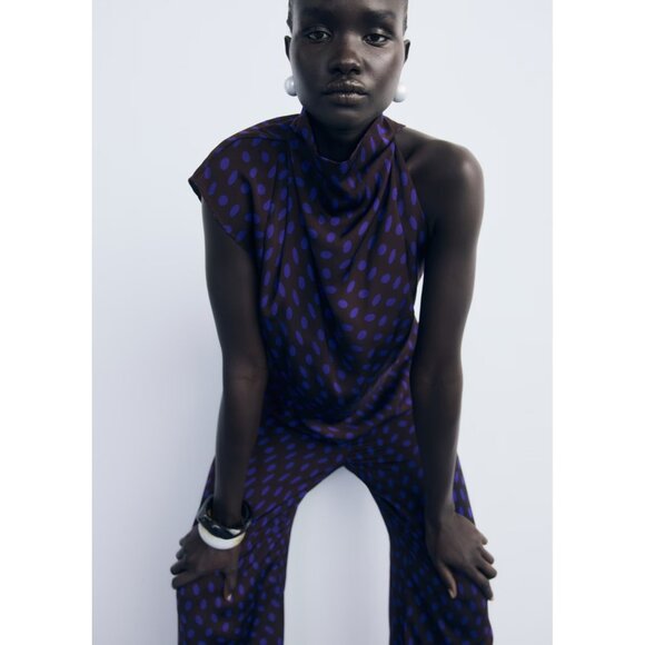 NEW Mango Polka-dot blouse with draped collar BROWN SIZE L-8/100% AUTHENTIC - Picture 2 of 9